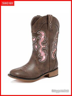 Girls Western Cowgirl Boots Square Toe Mid Calf Zip Glitter